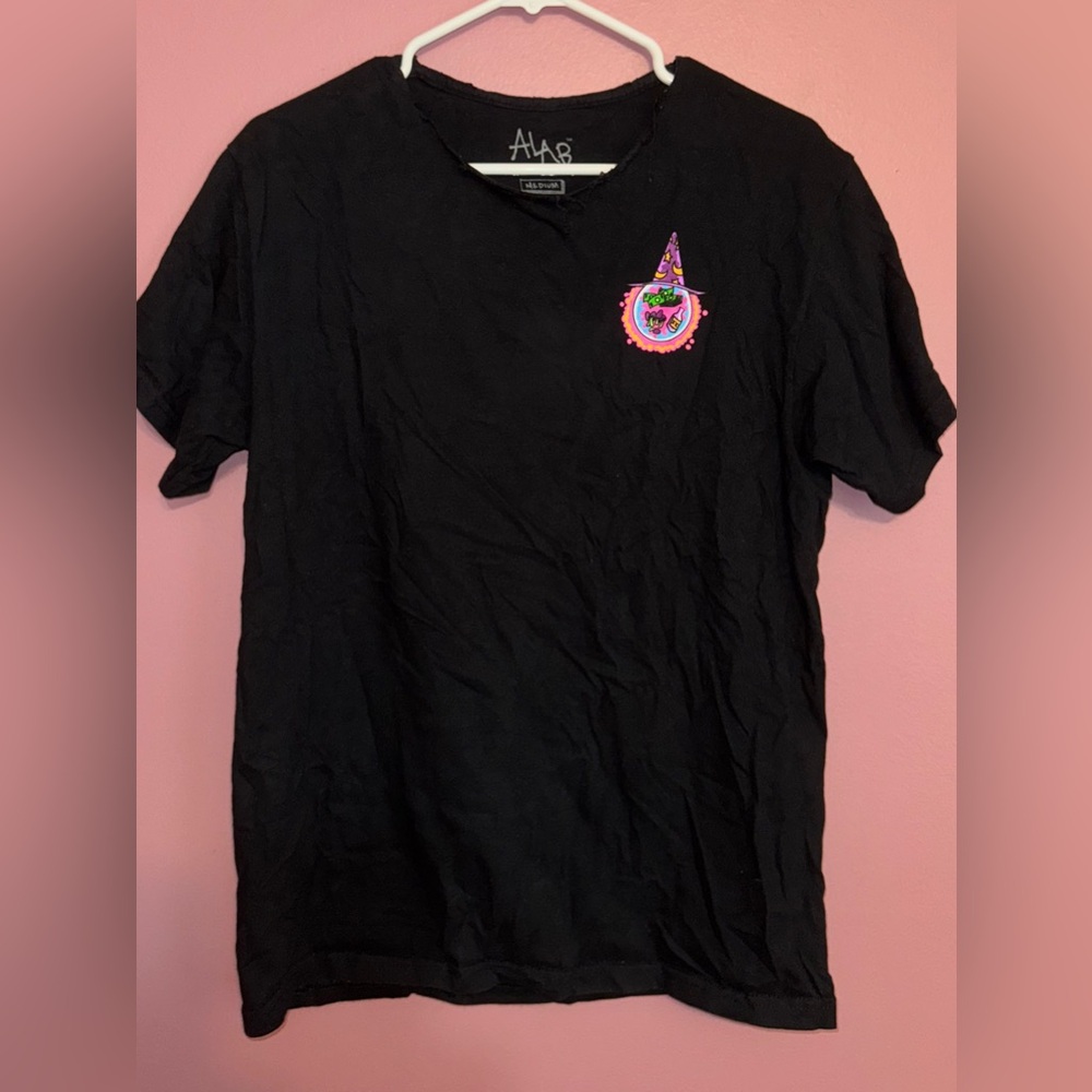 Black and Pink Short Sleeve Tee with Decorative Patch